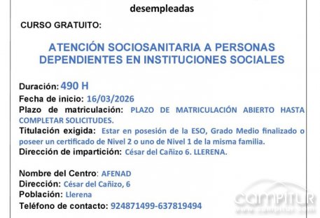 AFENAD abre la matrícula de un curso gratuito de Atención Sociosanitaria en Llerena